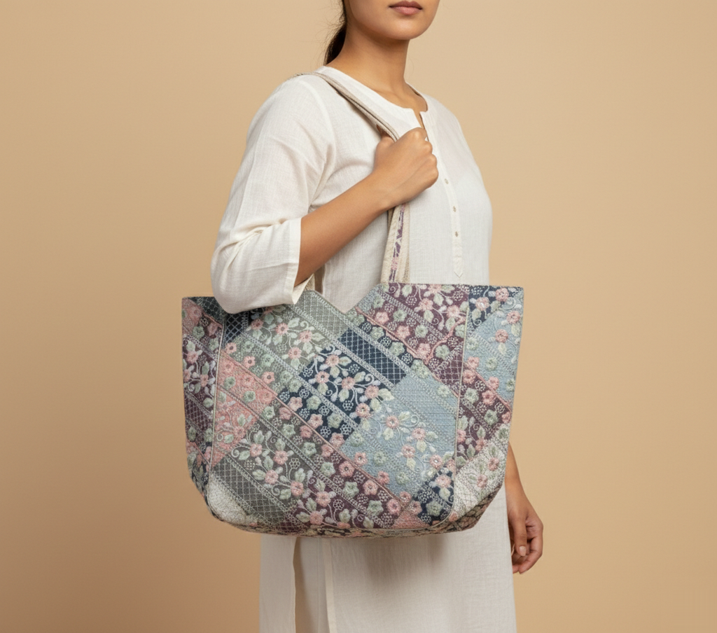 Model walking with Ahir embroidery ivory tote bag — lifestyle shot