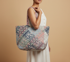 Ahir embroidery pink tote bag front view — Mystic Dhaga