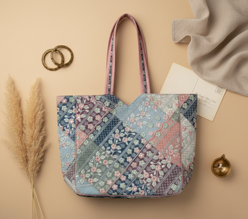 Ahir embroidery pink tote bag side view showing depth