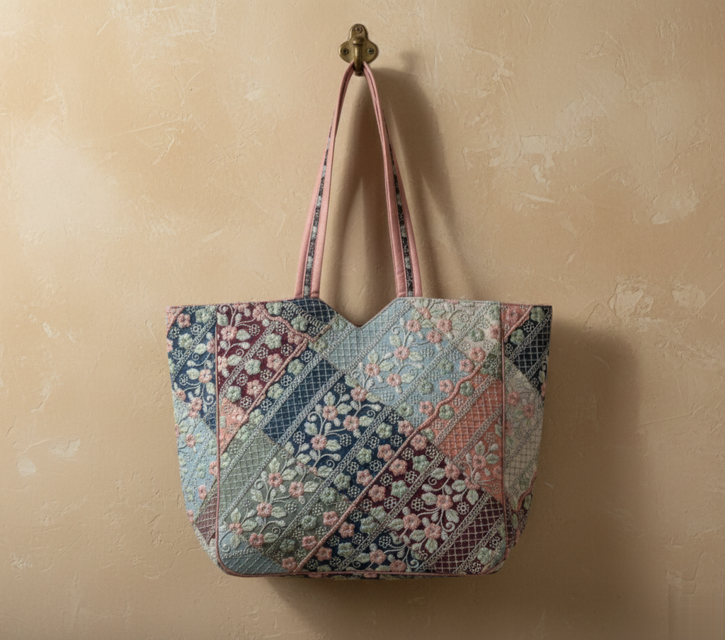 Model walking with Ahir embroidery pink tote bag — lifestyle shot