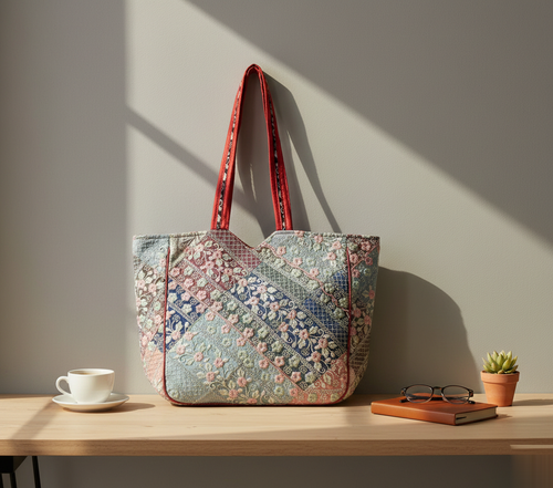Ahir embroidery red tote bag front view — Mystic Dhaga