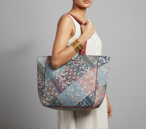 Ahir embroidery red tote bag side view showing depth