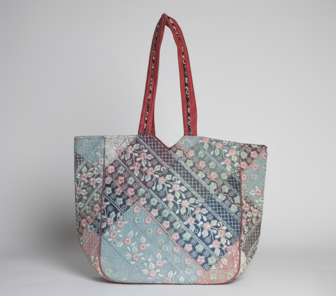 Ahir embroidery red tote bag back view