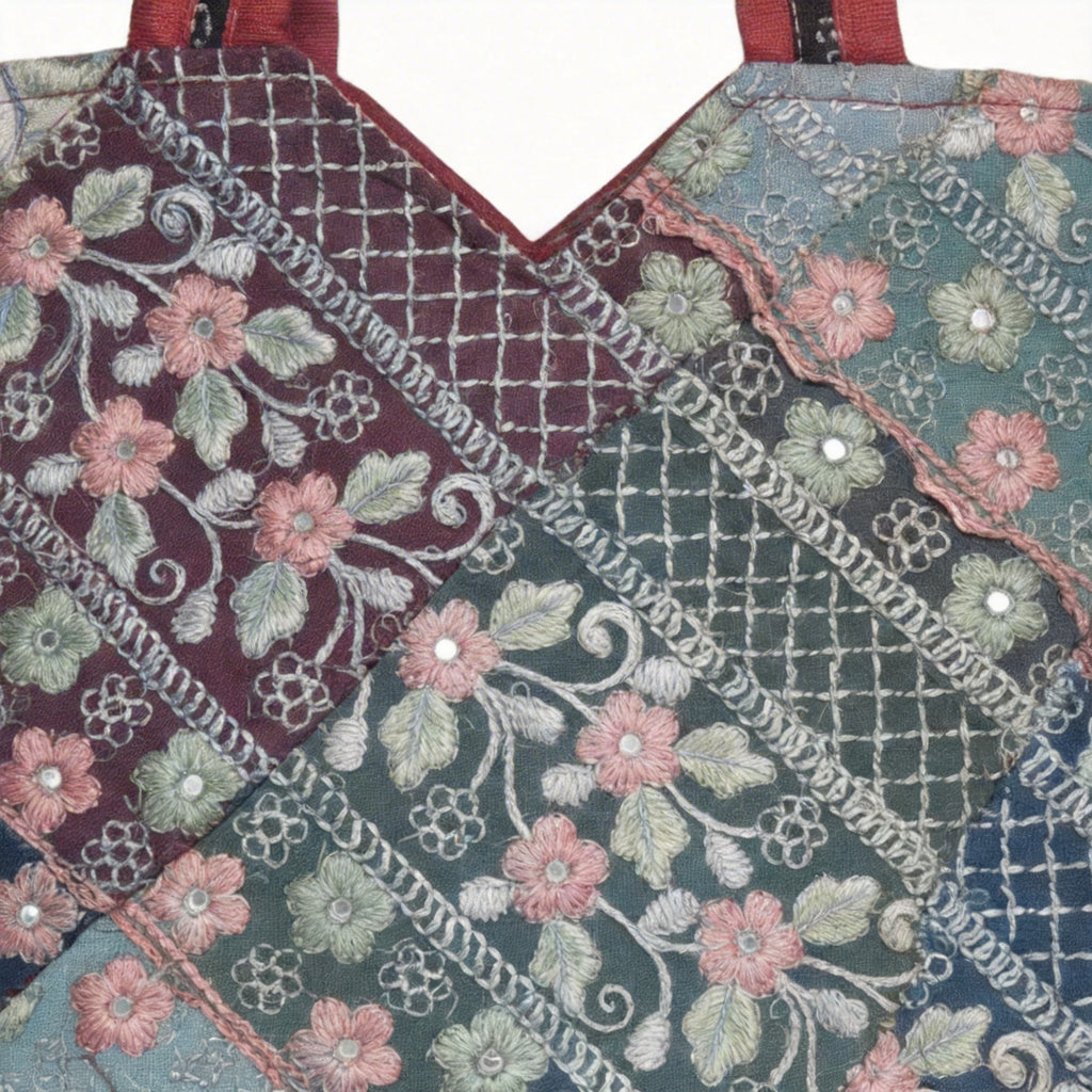 Ahir embroidery red tote bag isometric angle