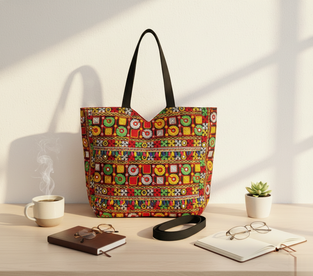 Jat Mutava red geometric Suf tote bag front view — Mystic Dhaga