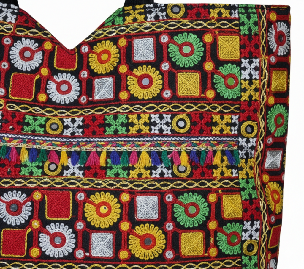 Jat Mutava red geometric Suf tote bag side view showing depth