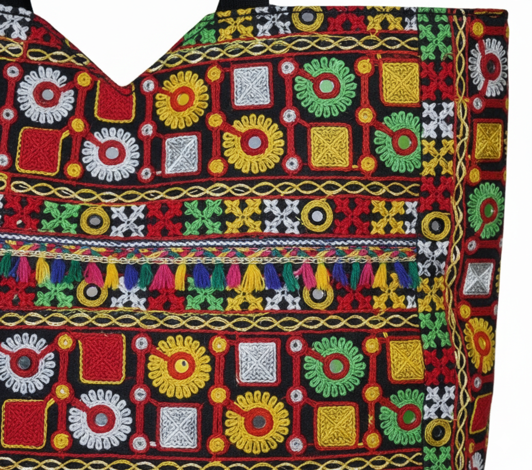 Jat Mutava red geometric Suf tote bag side view showing depth
