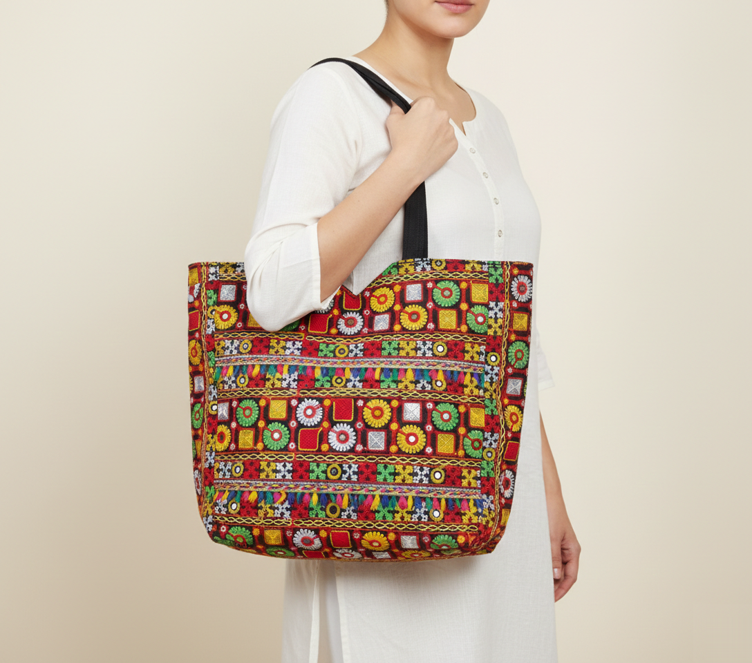 Jat Mutava red geometric Suf tote bag back view