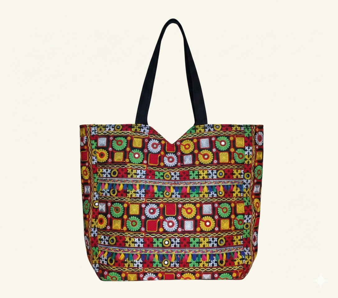 Close-up of Jat Mutava Suf embroidery red geometric detail on black tote