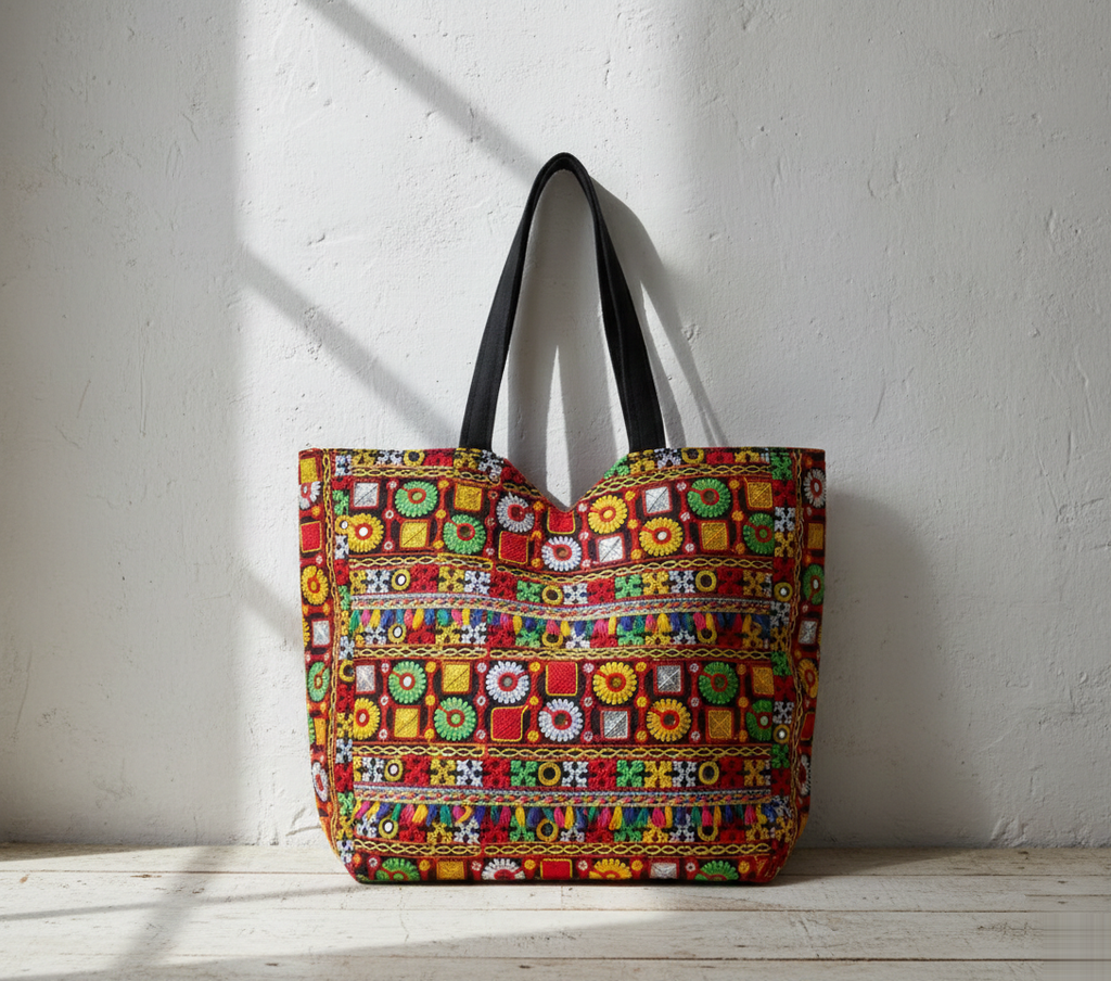 Model walking with Jat Mutava red geometric Suf tote bag — lifestyle shot