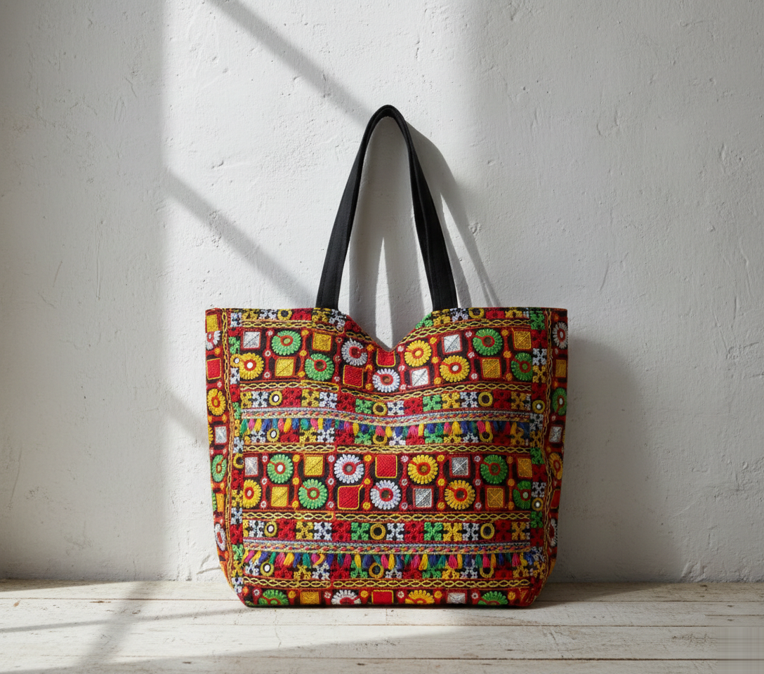 Model walking with Jat Mutava red geometric Suf tote bag — lifestyle shot
