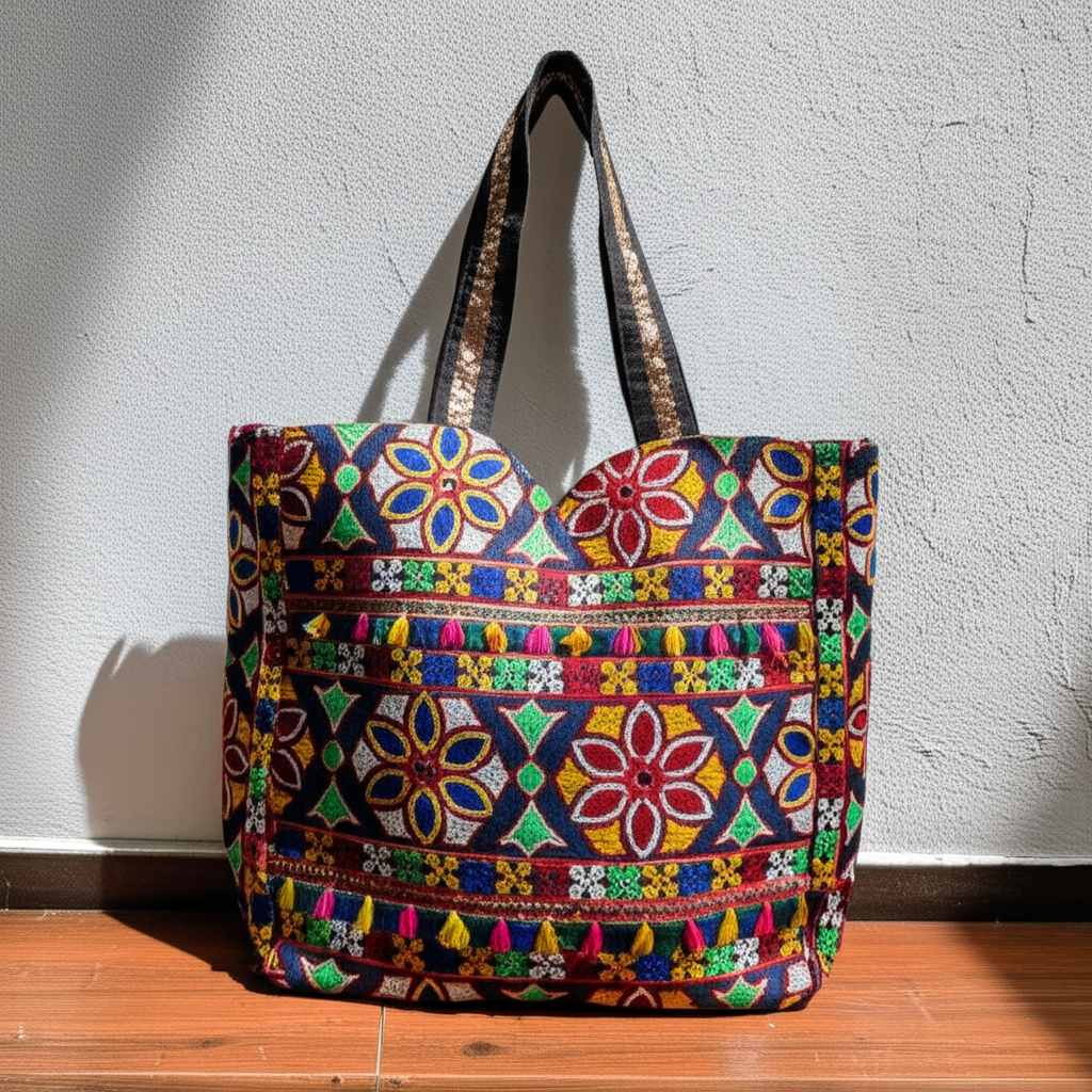 Jat Mutava rangoli Suf tote bag front view — Mystic Dhaga