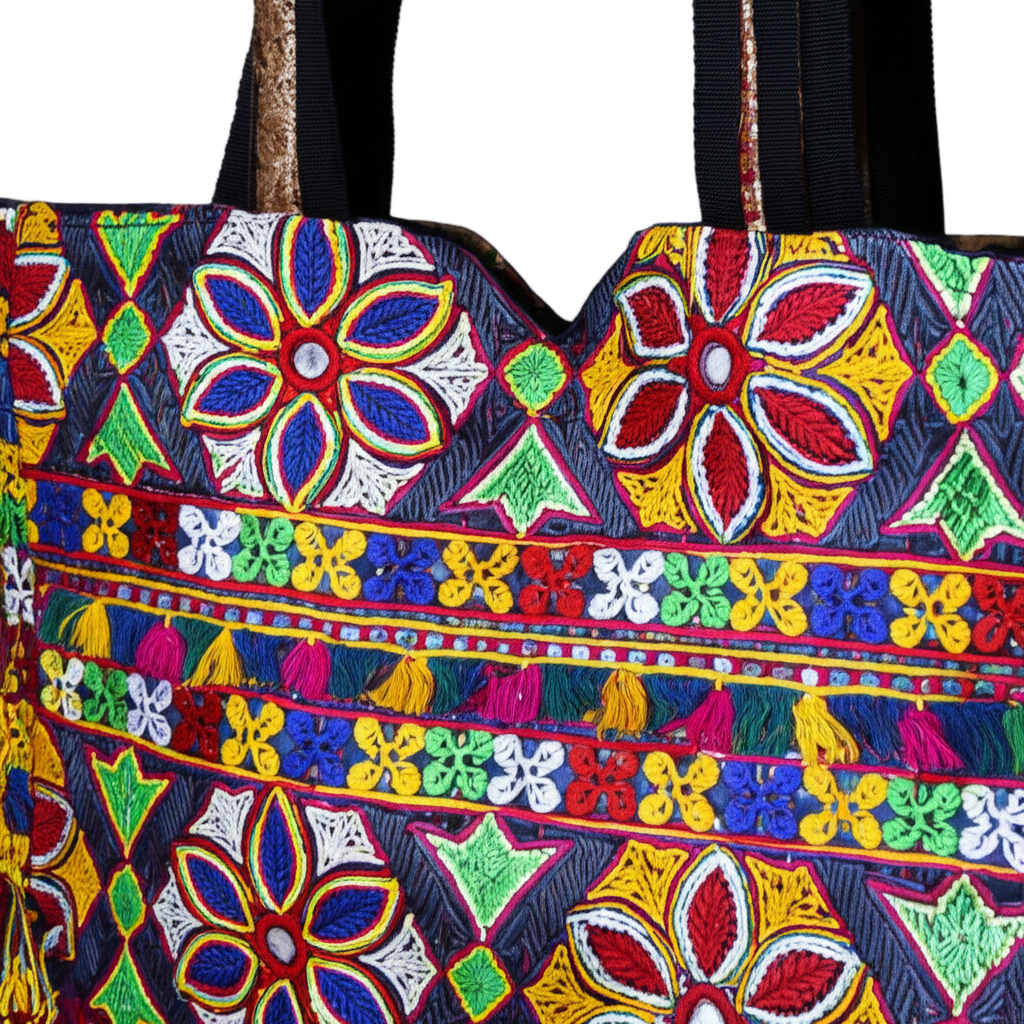 Model walking with Jat Mutava rangoli Suf tote bag — lifestyle shot