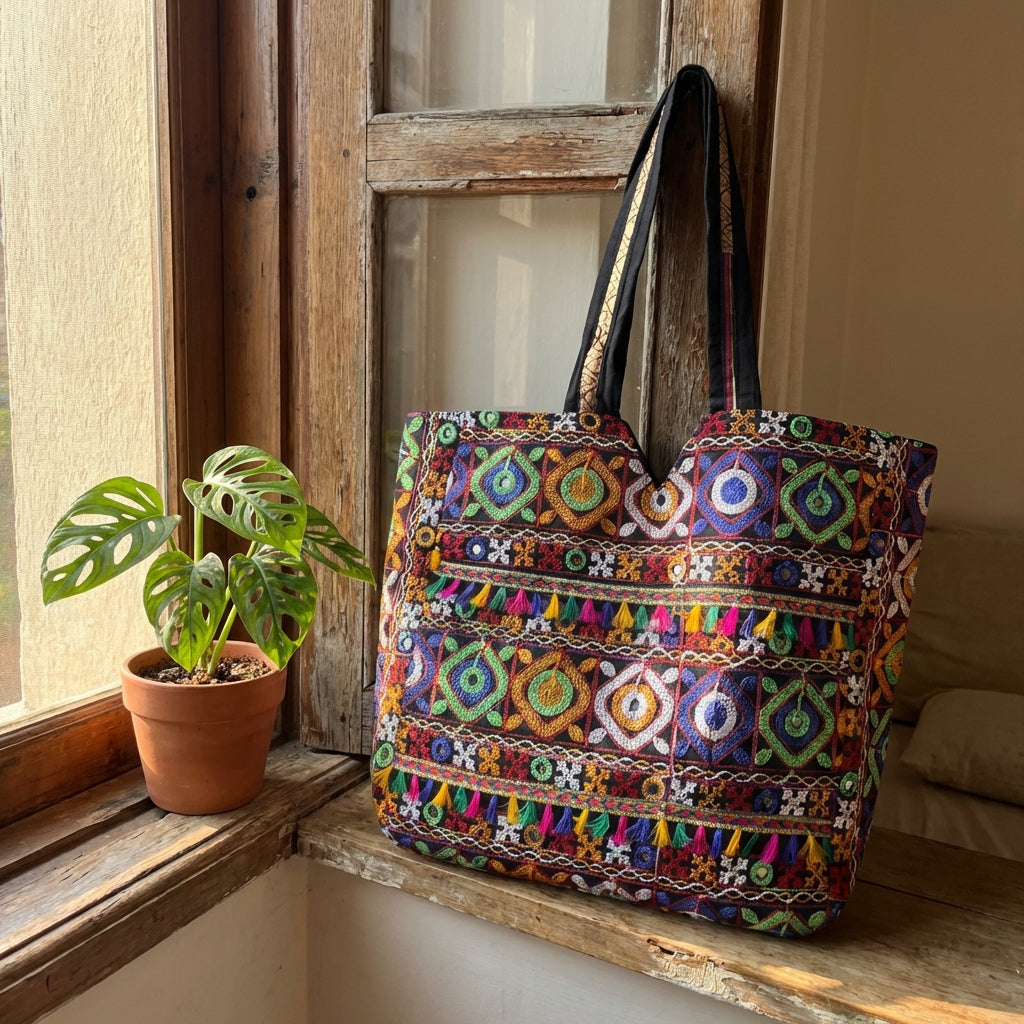Jat Mutava blue diamond Suf tote bag front view — Mystic Dhaga