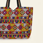 Jat Mutava yellow red diamond Suf tote bag front view — Mystic Dhaga