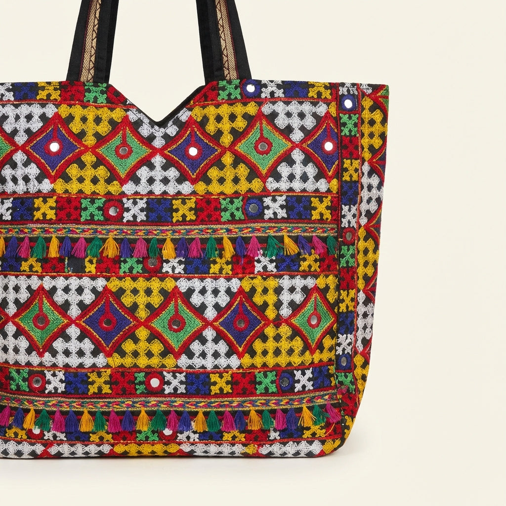 Jat Mutava yellow red diamond Suf tote bag front view — Mystic Dhaga