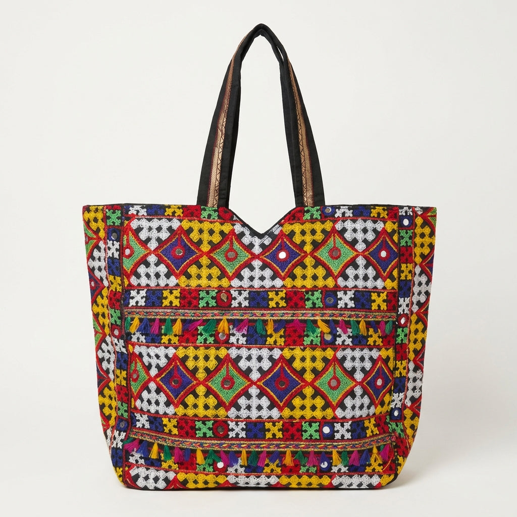 Jat Mutava yellow red diamond Suf tote bag side view showing depth