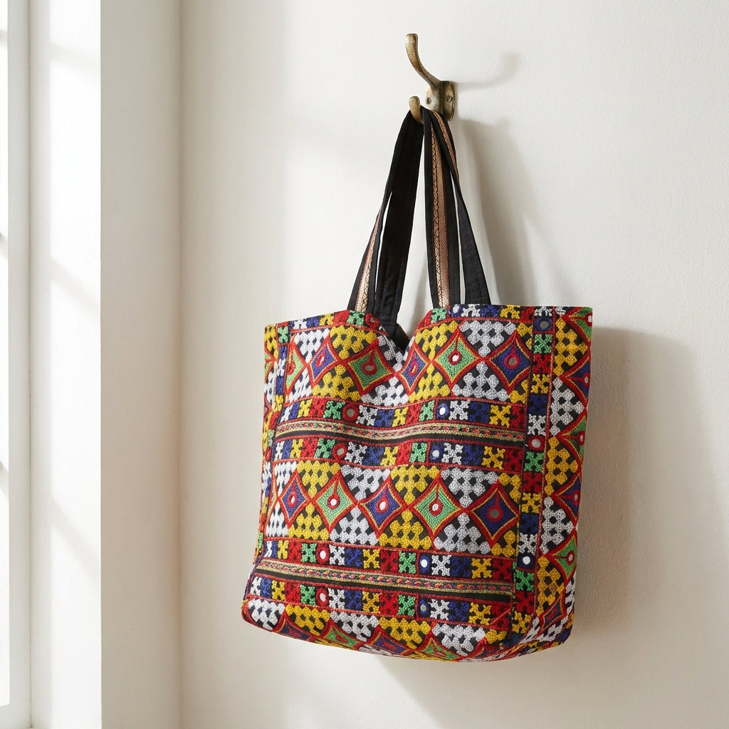Jat Mutava yellow red diamond Suf tote bag back view