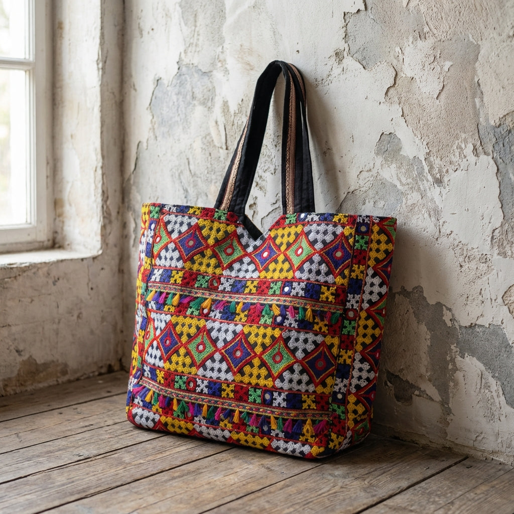 Model carrying Jat Mutava yellow red diamond Suf tote bag — boho style