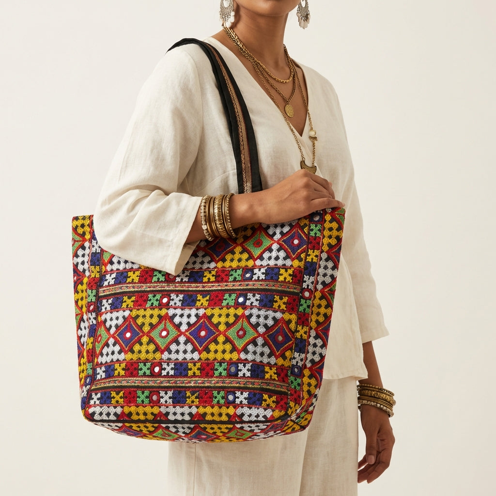 Model walking with Jat Mutava yellow red diamond Suf tote bag — lifestyle shot