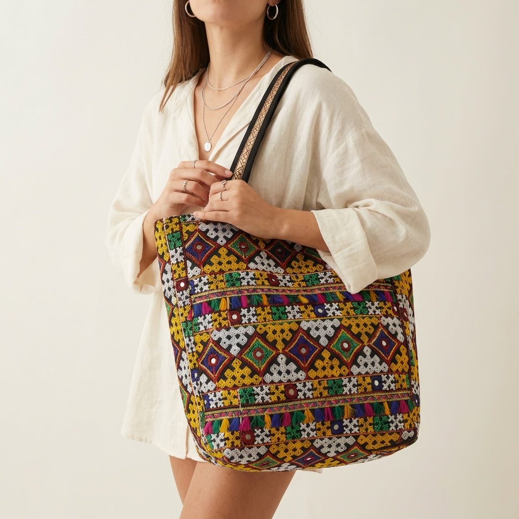 Jat Mutava yellow white diamond Suf tote bag front view — Mystic Dhaga