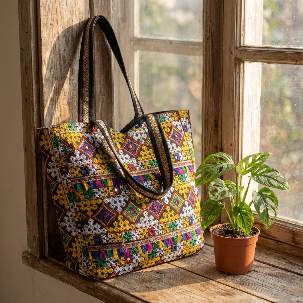 Jat Mutava yellow white diamond Suf tote bag side view showing depth