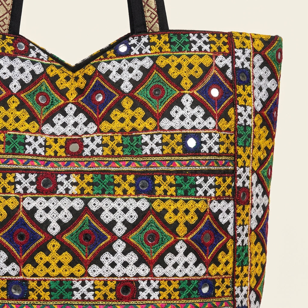 Jat Mutava yellow white diamond Suf tote bag back view