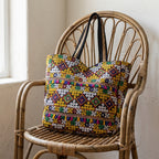 Model walking with Jat Mutava yellow white diamond Suf tote bag — lifestyle shot