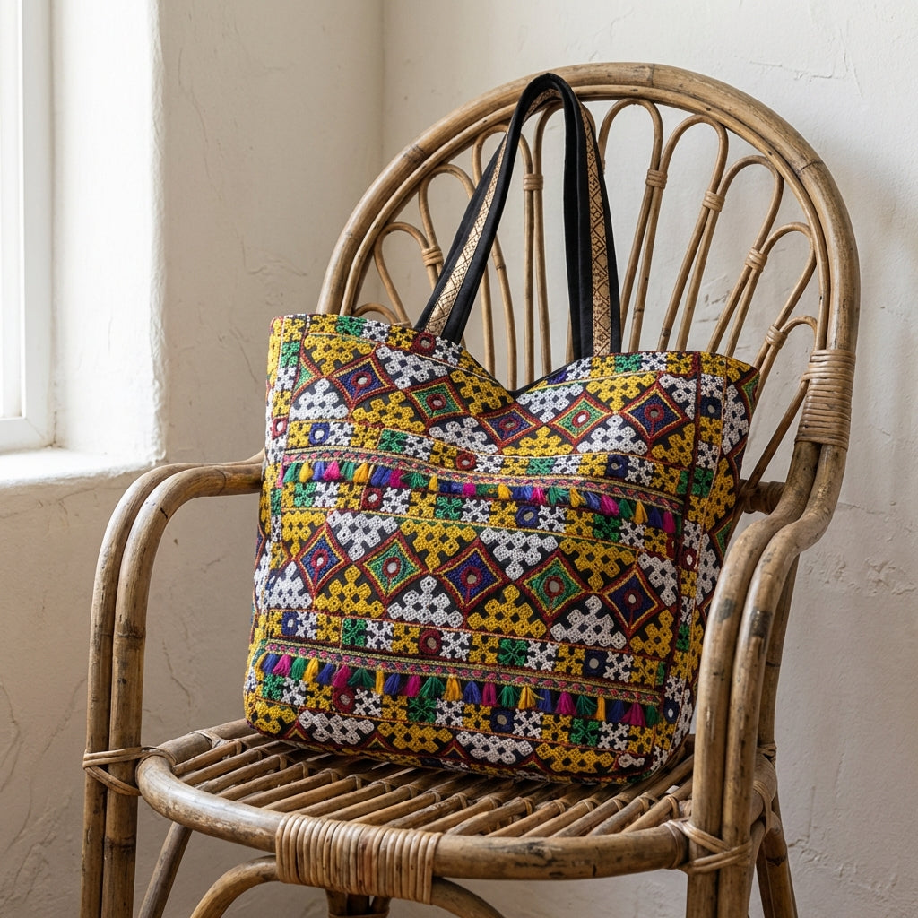 Model walking with Jat Mutava yellow white diamond Suf tote bag — lifestyle shot