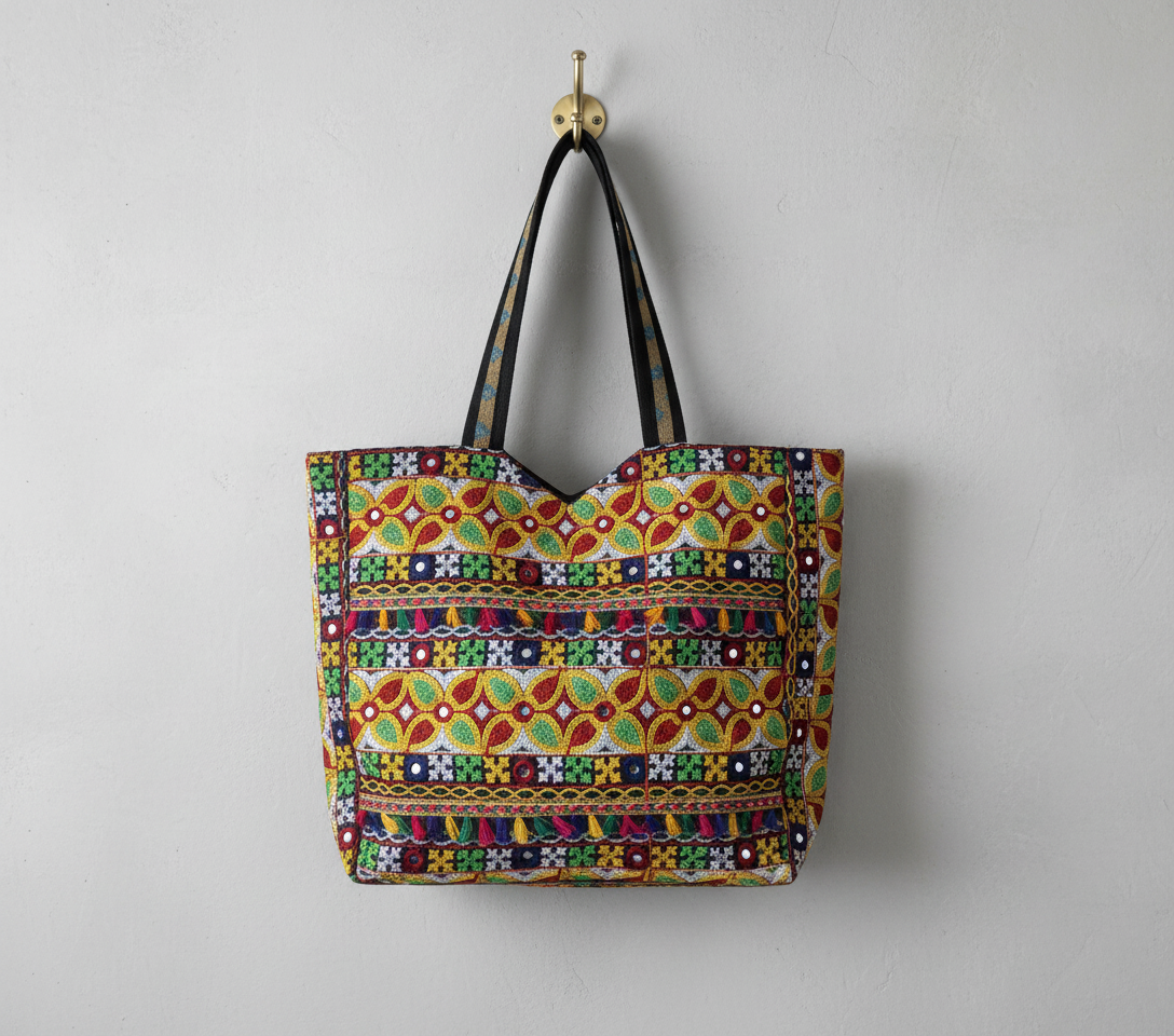 Jat Mutava red yellow leaf Suf tote bag front view — Mystic Dhaga