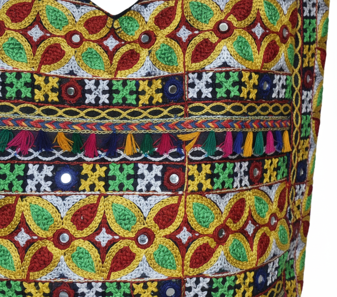 Jat Mutava red yellow leaf Suf tote bag side view showing depth