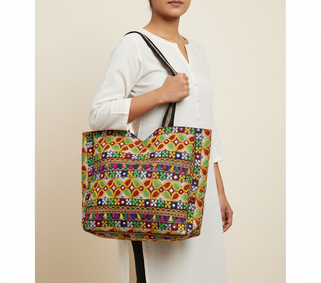 Model carrying Jat Mutava red yellow leaf Suf tote bag — boho style