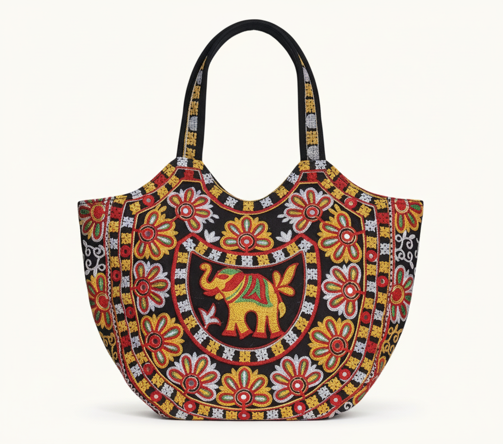 Rabari embroidery black elephant tote bag front view — Mystic Dhaga
