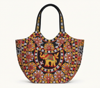 Rabari embroidery black elephant tote bag front view — Mystic Dhaga