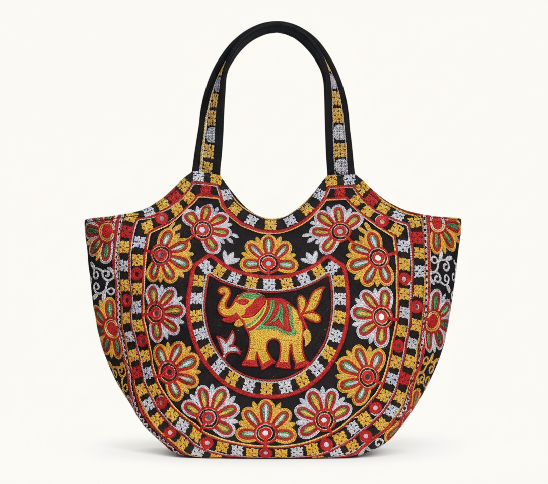 Rabari embroidery black elephant tote bag front view — Mystic Dhaga