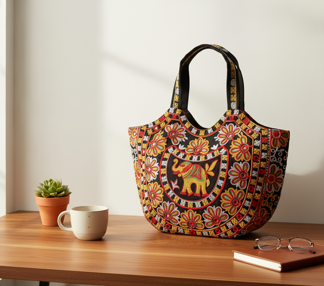 Close-up of Rabari embroidery elephant motif and mirror work on black tote