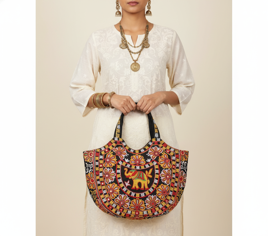 Model carrying Rabari embroidery black elephant tote bag — boho style