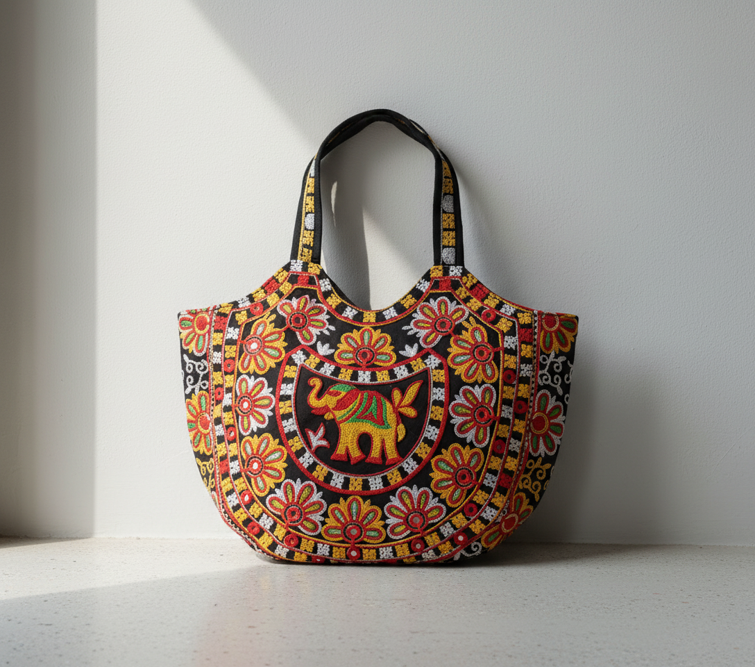 Model walking with Rabari embroidery black elephant tote bag — lifestyle shot