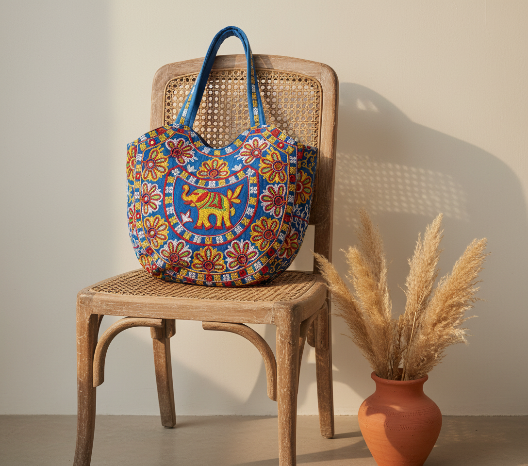 Rabari embroidery blue elephant tote bag front view — Mystic Dhaga