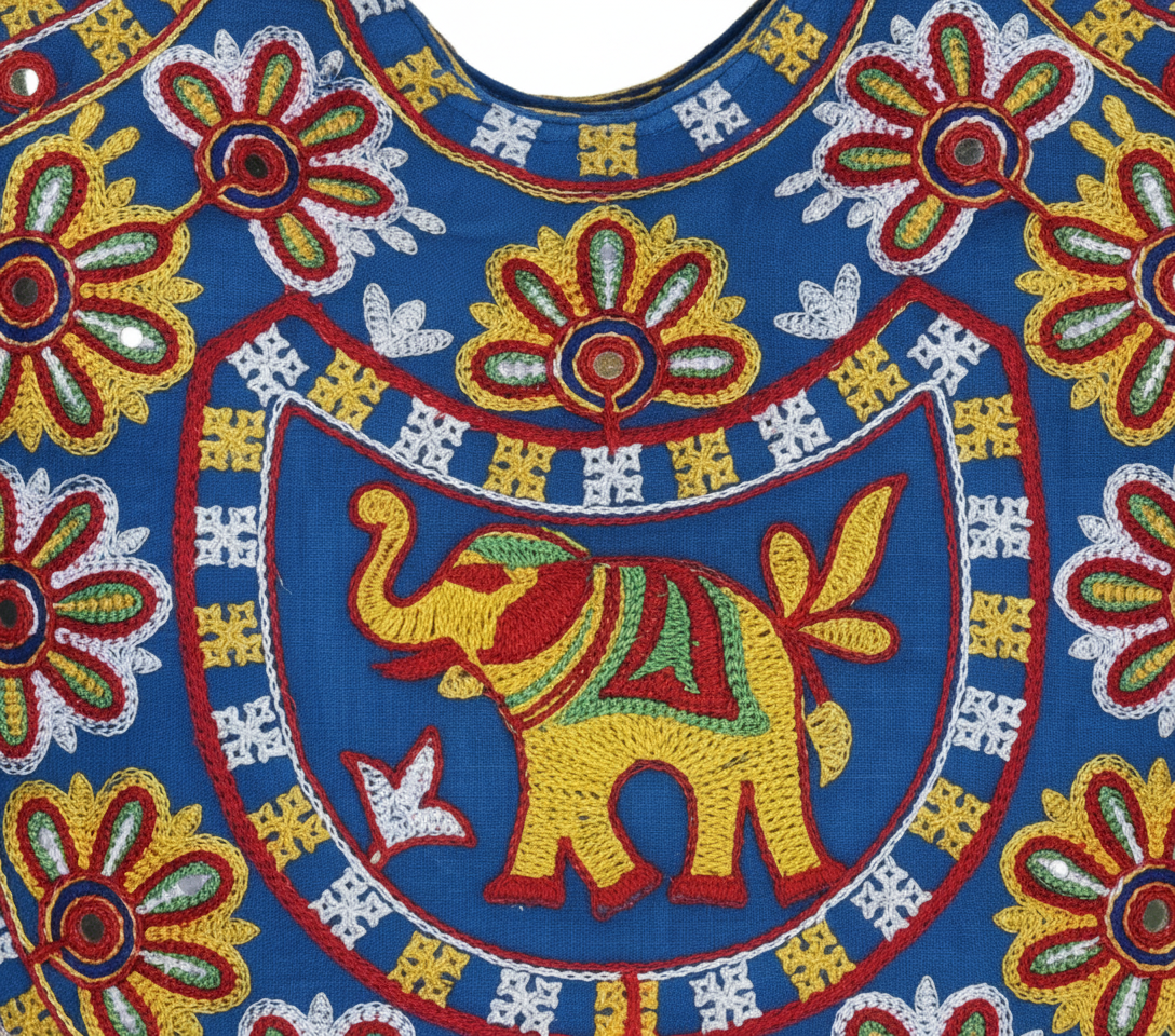 Rabari embroidery blue elephant tote bag side view showing depth