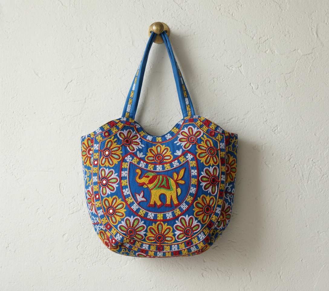 Rabari embroidery blue elephant tote bag back view