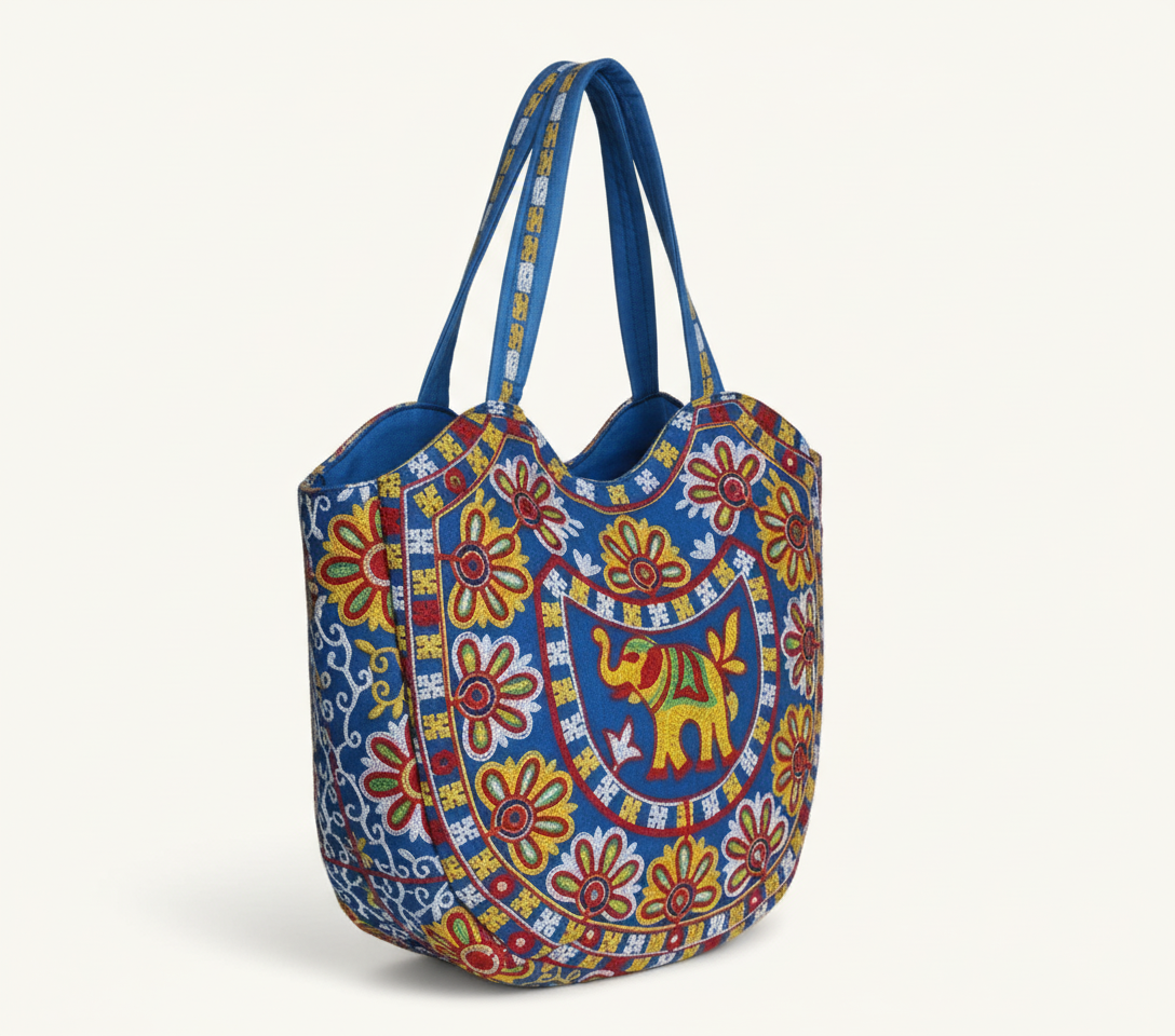 Rabari embroidery blue elephant tote bag isometric angle