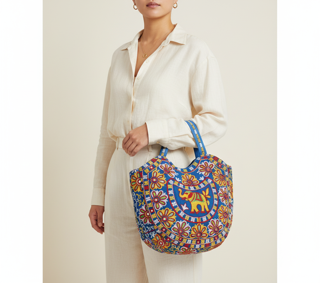 Close-up of Rabari embroidery elephant motif and mirror work on blue tote