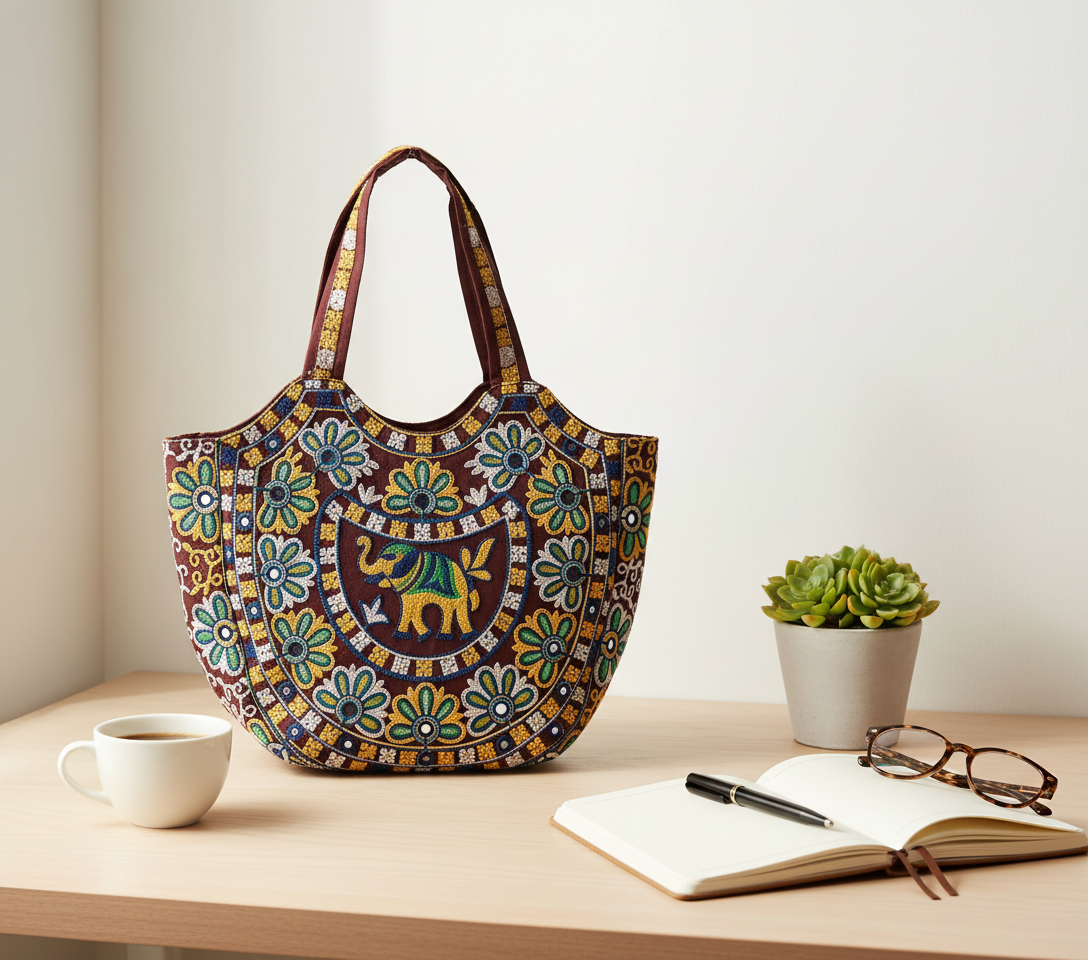 Rabari embroidery maroon elephant tote bag front view — Mystic Dhaga