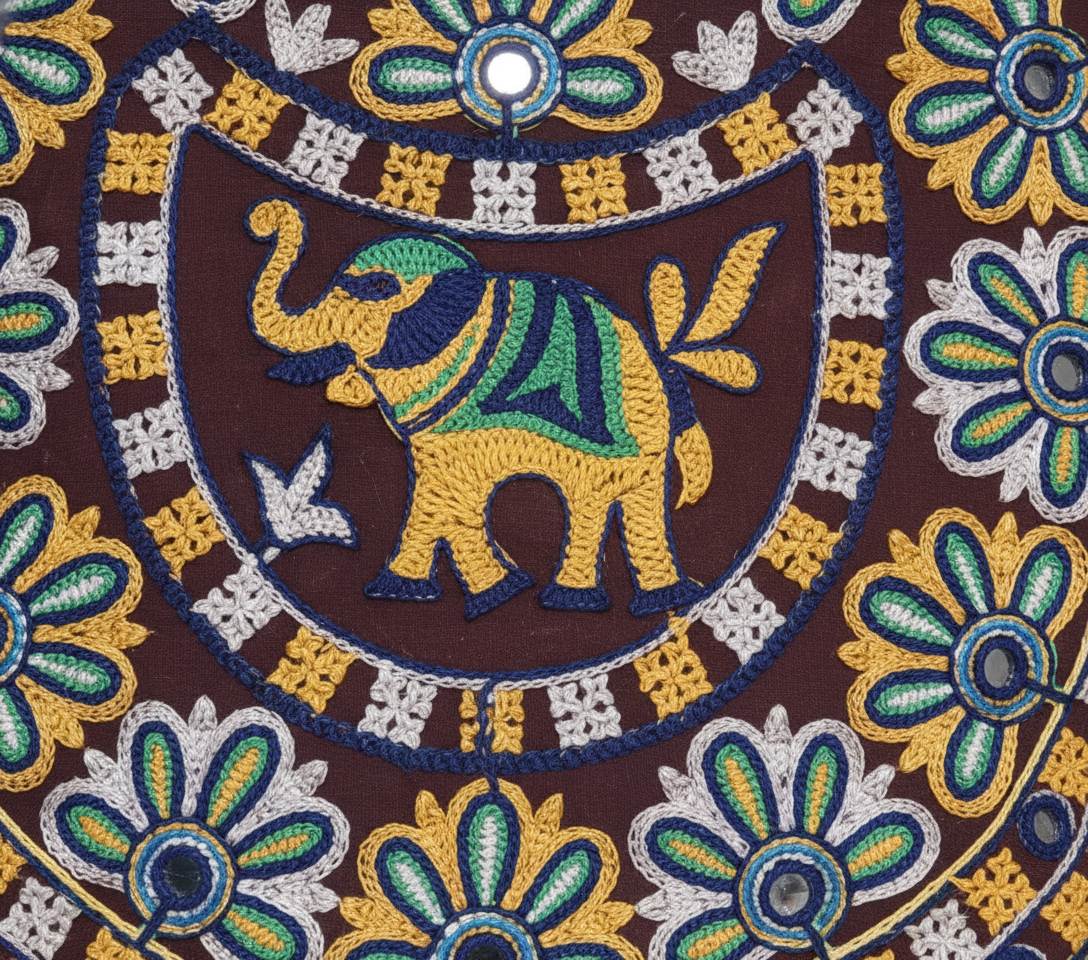 Rabari embroidery maroon elephant tote bag side view showing depth