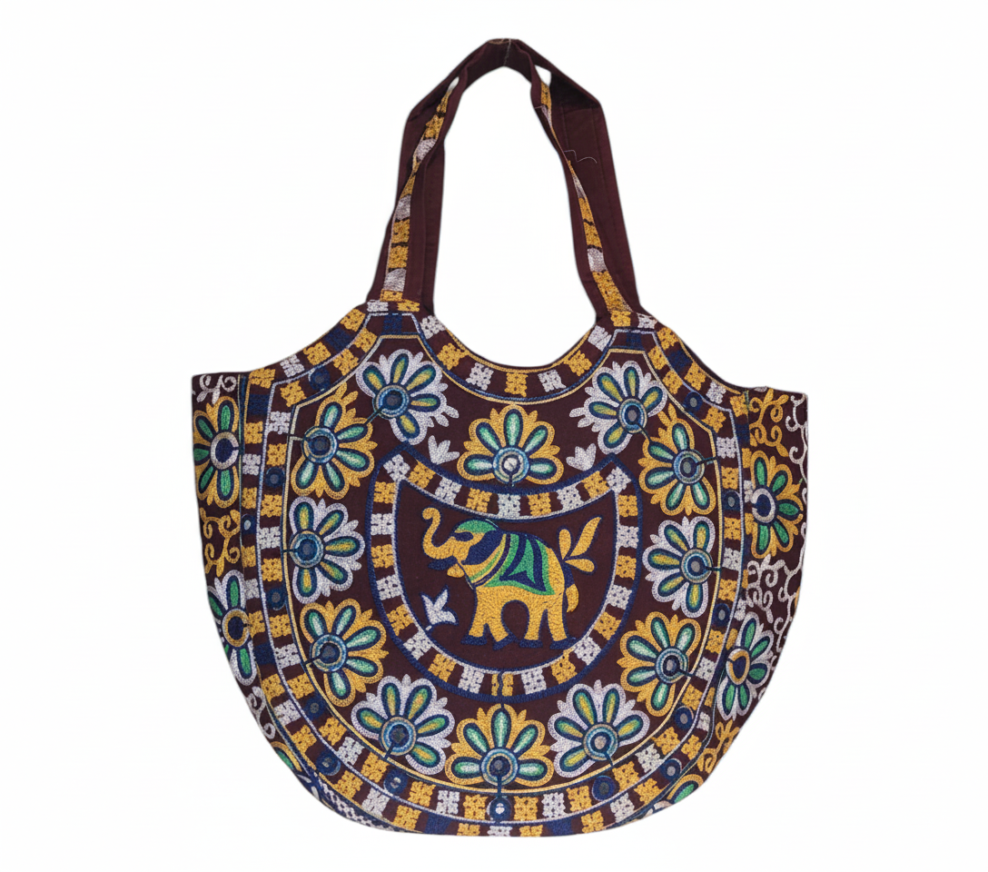 Rabari embroidery maroon elephant tote bag back view
