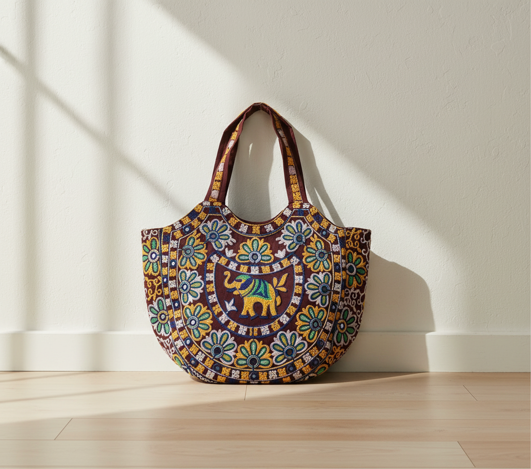 Model walking with Rabari embroidery maroon elephant tote bag — lifestyle shot