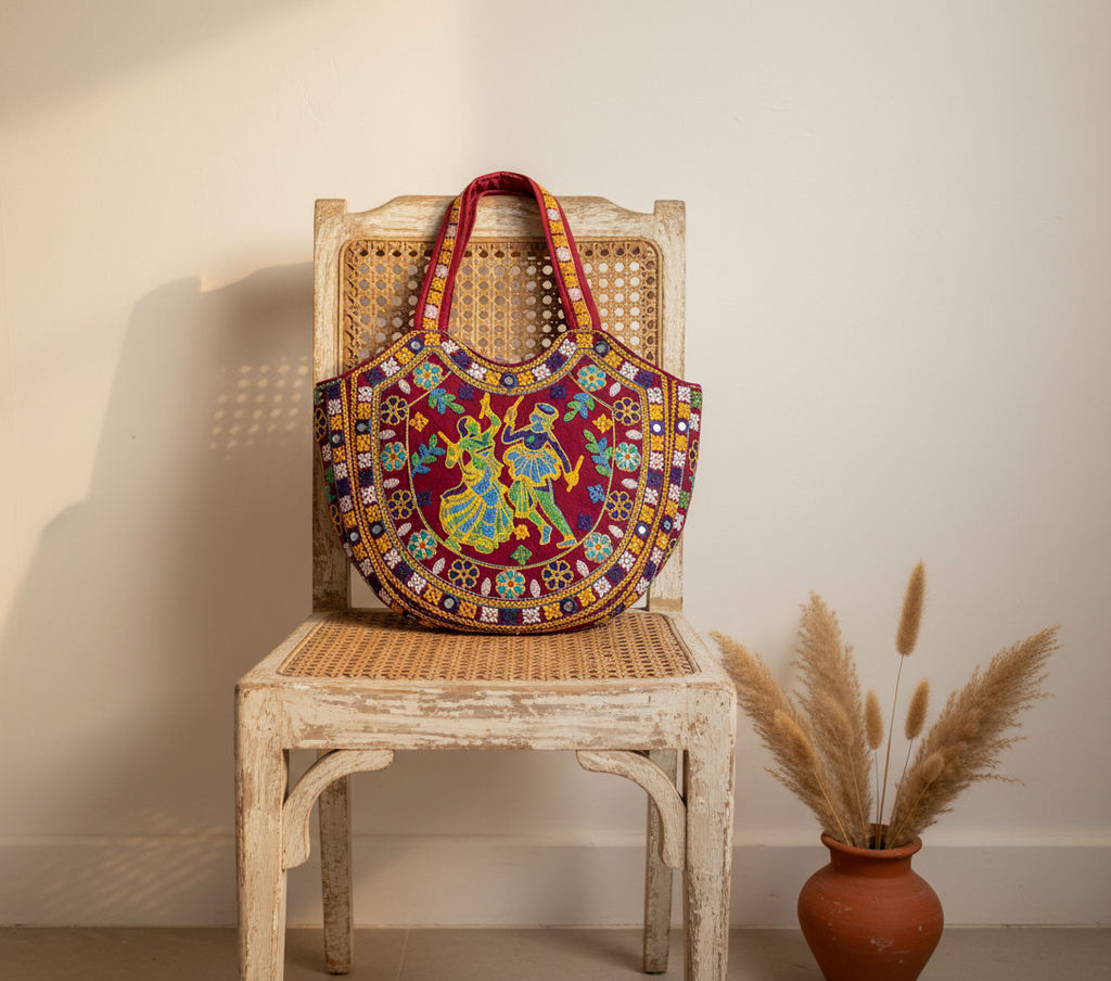Rabari embroidery maroon dandiya tote bag front view — Mystic Dhaga