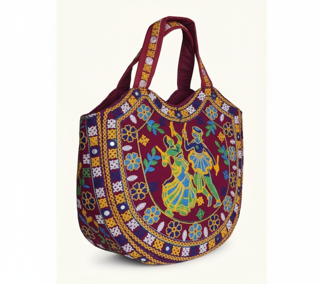 Rabari embroidery maroon dandiya tote bag back view