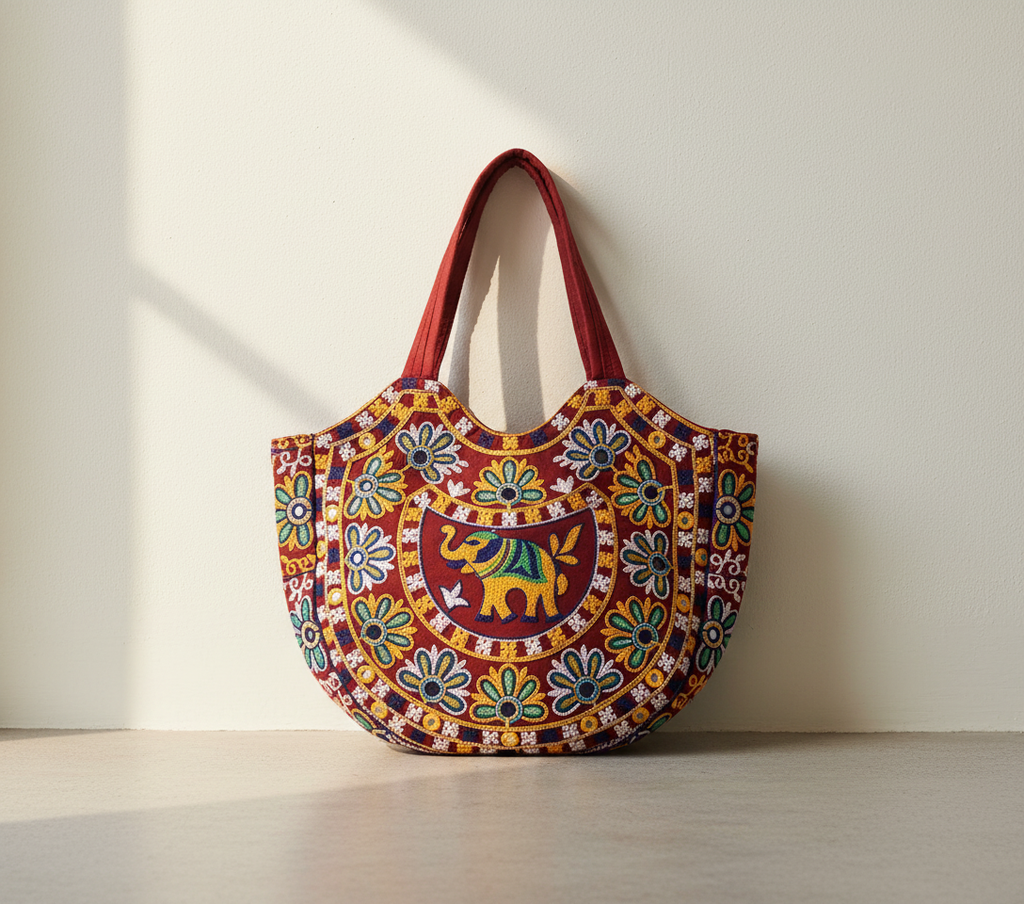 Rabari embroidery red elephant yellow accent tote bag front view — Mystic Dhaga